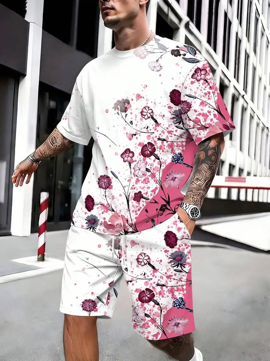 

Mens Floral Print T-Shirt And Shorts Set White Base Pink Flower Splash Ink Knit Fabric Casual Vacation Daily Wear
