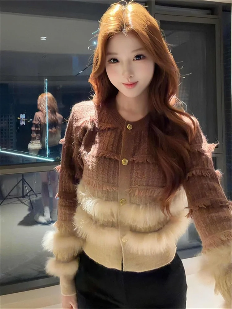 

Ретро-свитер с градиентным цветом, женский, милый, повседневный, модный, с длинным рукавом, круглым вырезом, вязаный пуловер, зимняя новинка