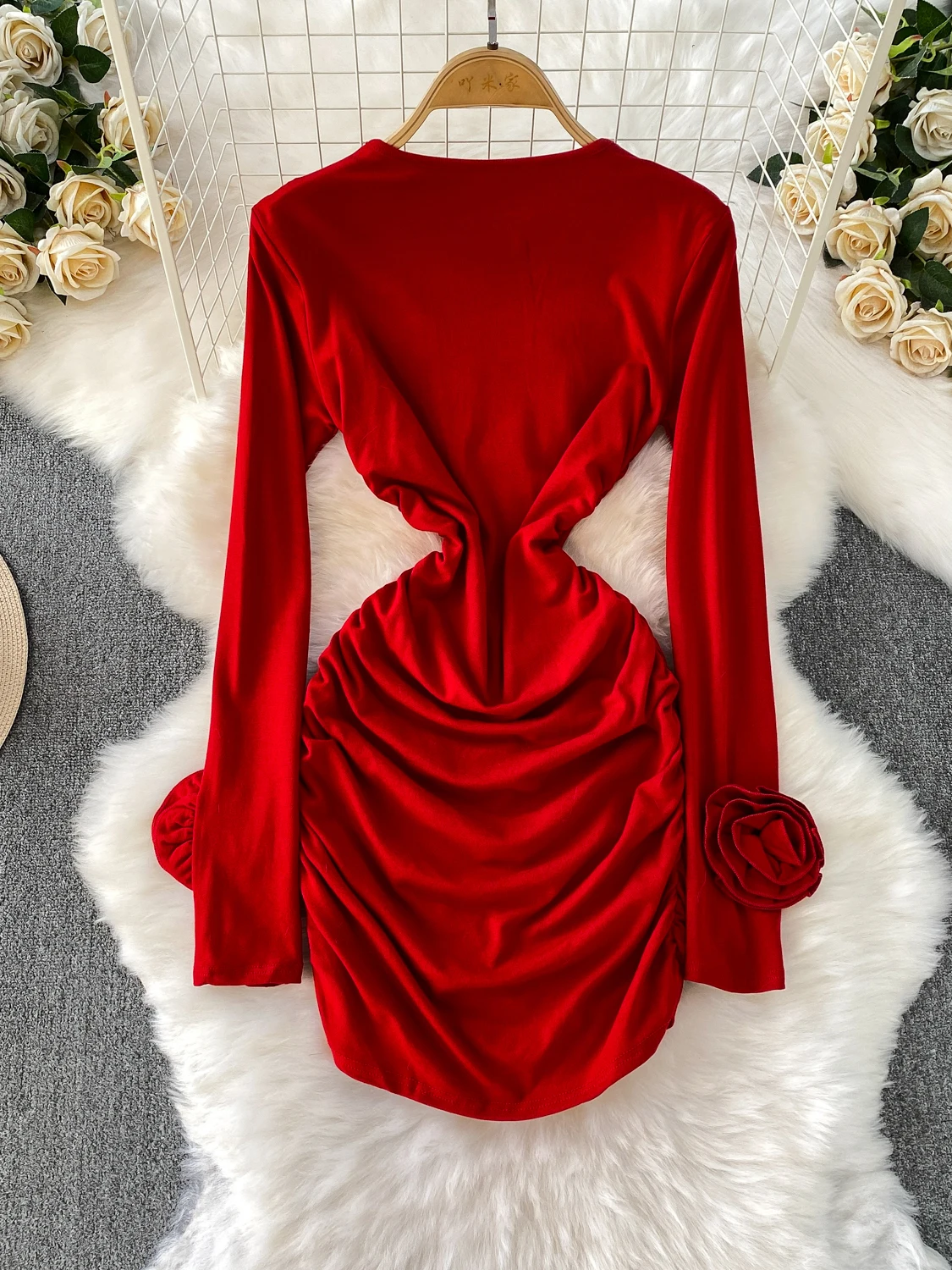 Foamlina Casual Women Long Sleeve Ruched Mini Dress Autumn Fashion Solid 3D Flowers Long Sleeve O Neck Slim Short Bodycon Dress