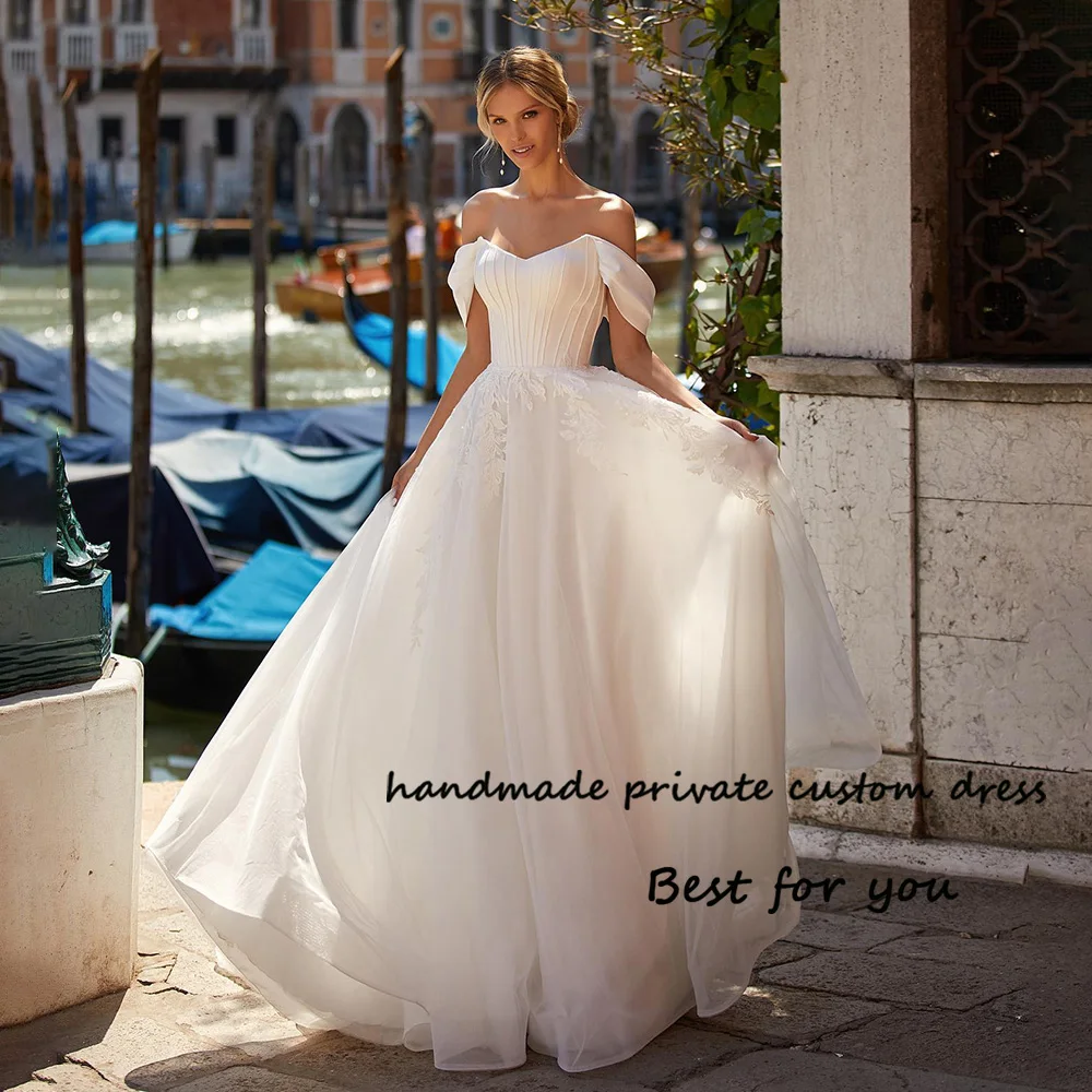 

White A Line Off Shoulder Wedding Dresses Satin and Tulle Lace Bride Dress Custom Made Long Bridal Gowns Back Lace Up