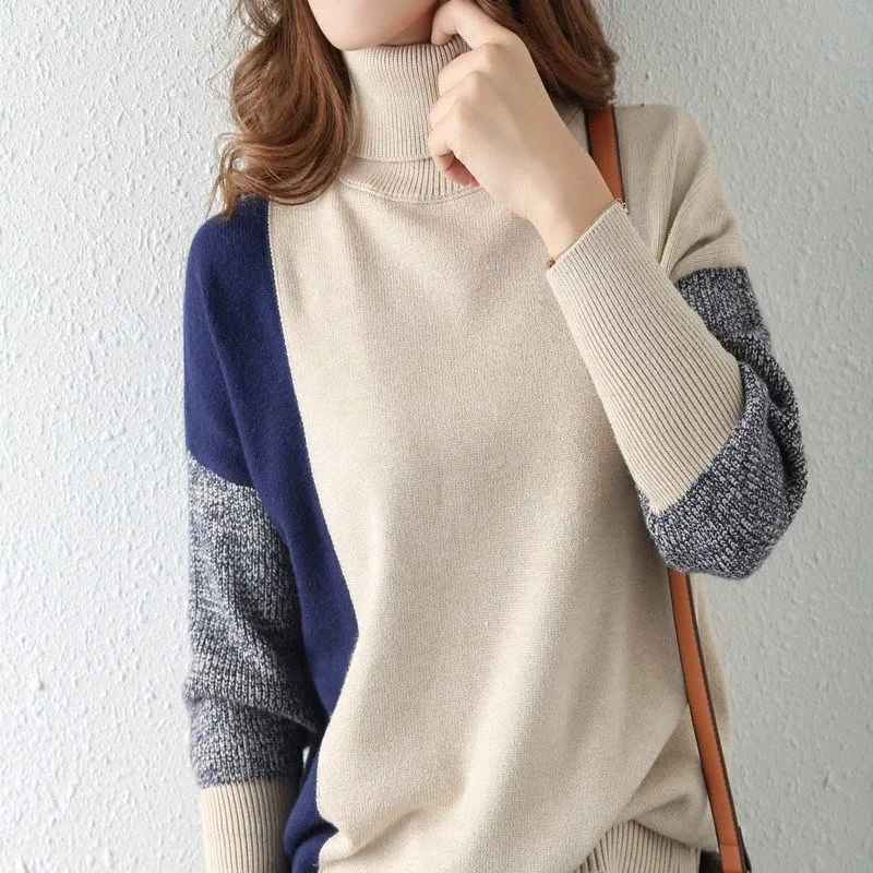High-necked Female Pullover Jumper Contrasting Color Sweater Women's Loose Autumn Winter New Lazy Knitted Top Bottoming Shirt