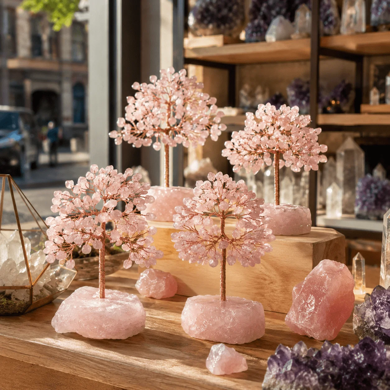 Rose Quartz Crystal Tree of Life - Tanli Tree, Feng Shui Decoration - Handmade Christmas Tree, Mineral Specimen