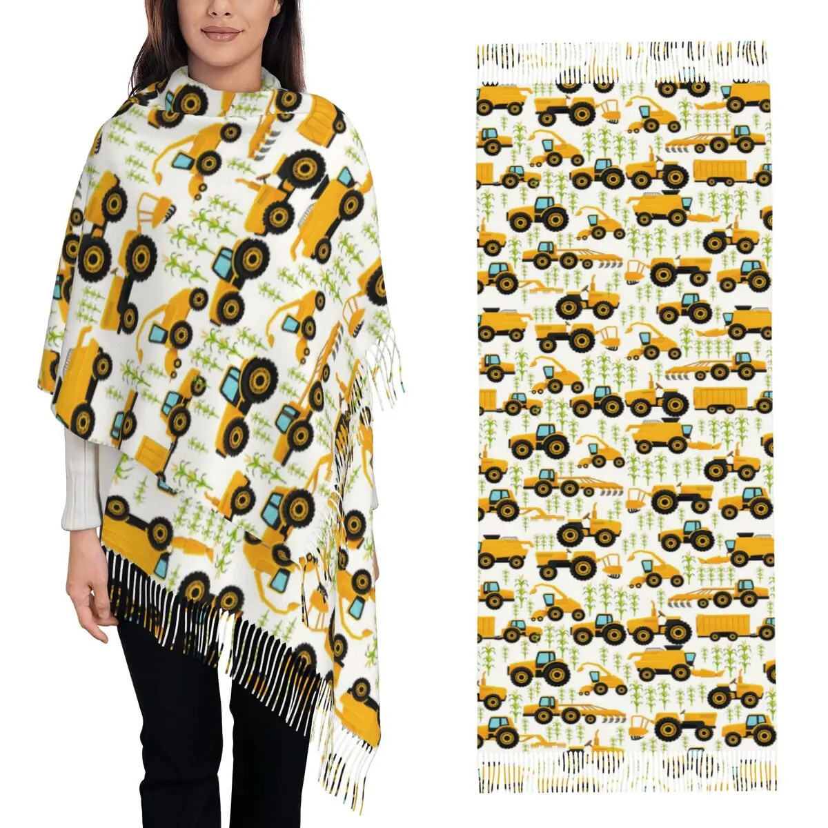 Cartoon Truck Car Tractor Excavator Pattern Scarf Tassel Scarves Women Soft Warm Shawls and Wraps Long Fall Winter Shawl Wrap