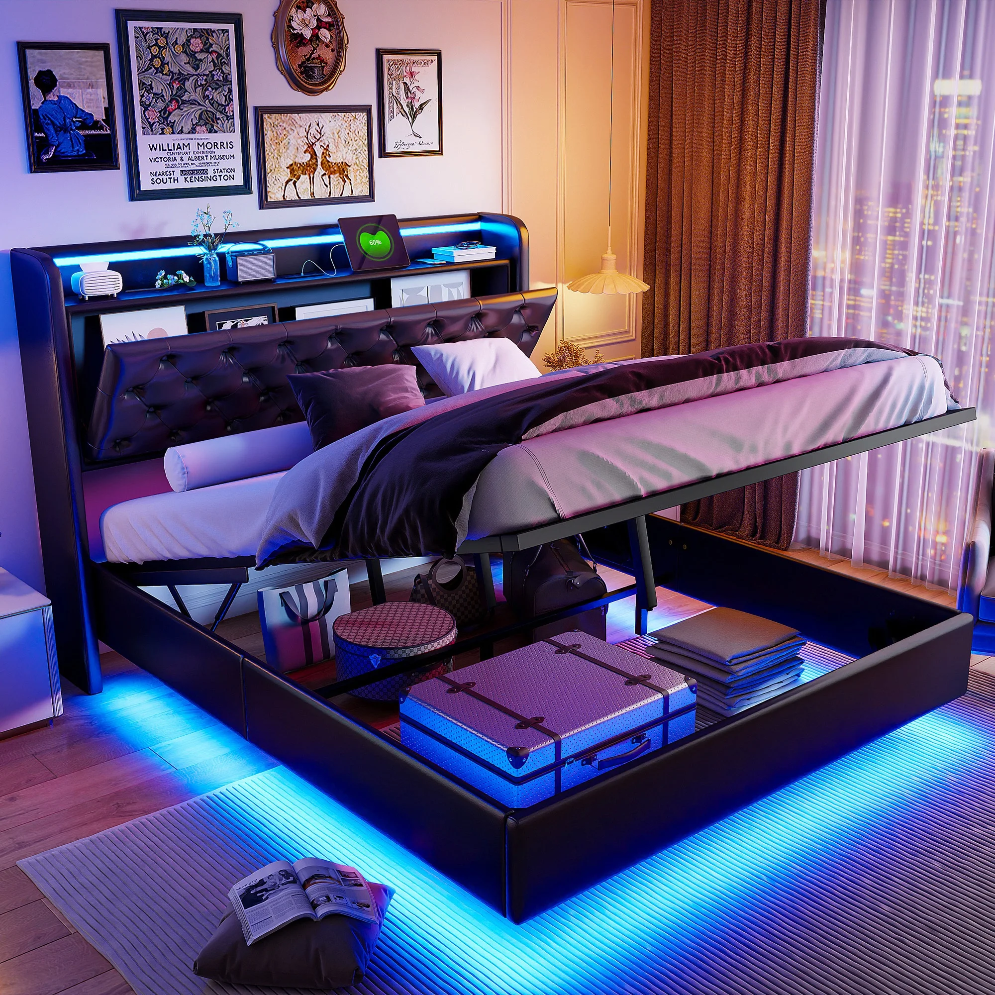 Rosahqnda Polsterbett, Doppelbett mit USB-Ladefunktion, LED-Beleuchtung, Kopfteil mit Stauraum, versteckte Bettfüße, Leder-Finish – Detail 14