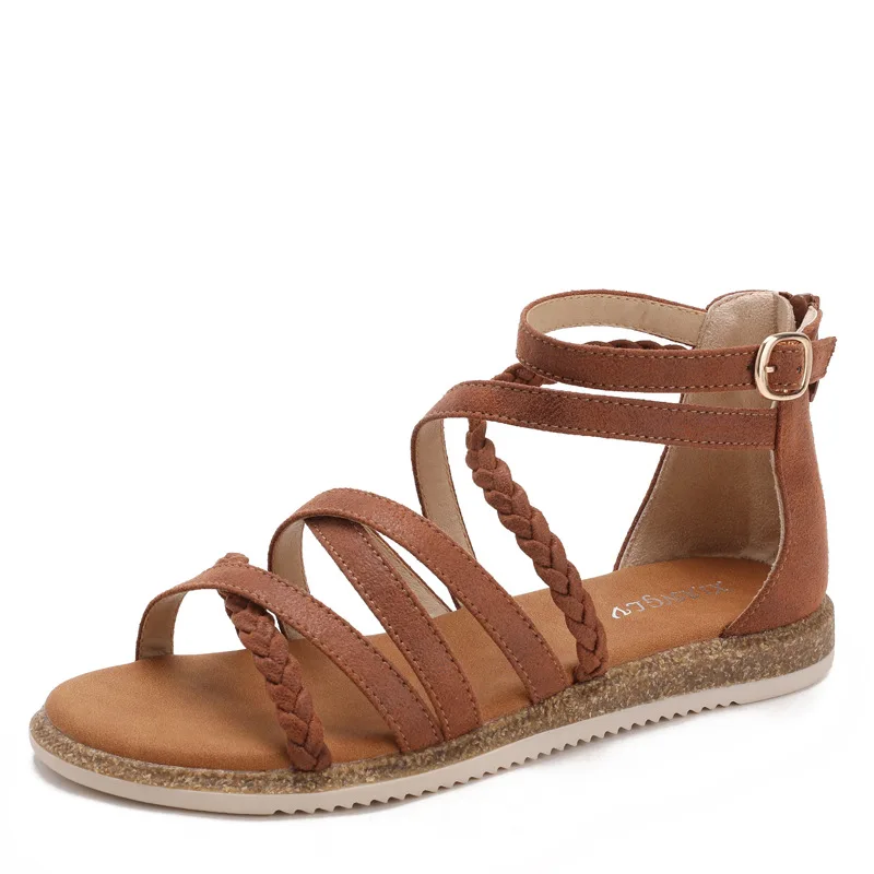

Summer Women Casual Sandals Soft Sole Slip On Roman Shoes Back Zipper Simple Woven Flat