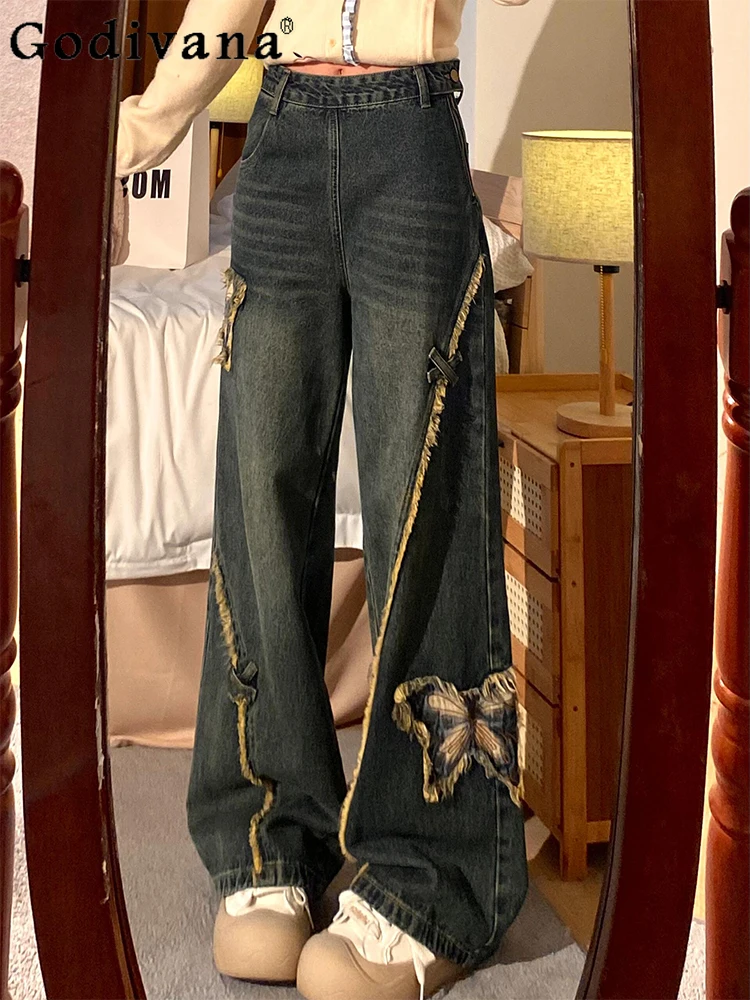 

Large Size American Side Zipper Women Street Sweet Cool Jeans Spring Tie-dye Leisure Retro Blue High Waist Loose Wide-leg Pants