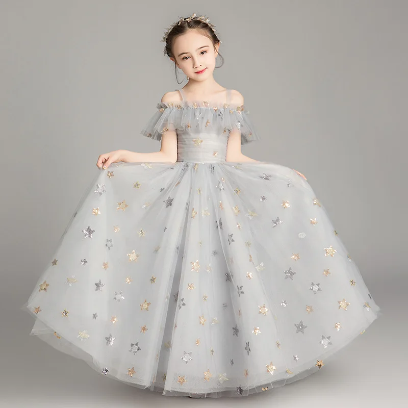 Robe de luxe pour filles de 3 à 12 ans, tenue de soirée blanche avec étoile, motif floral