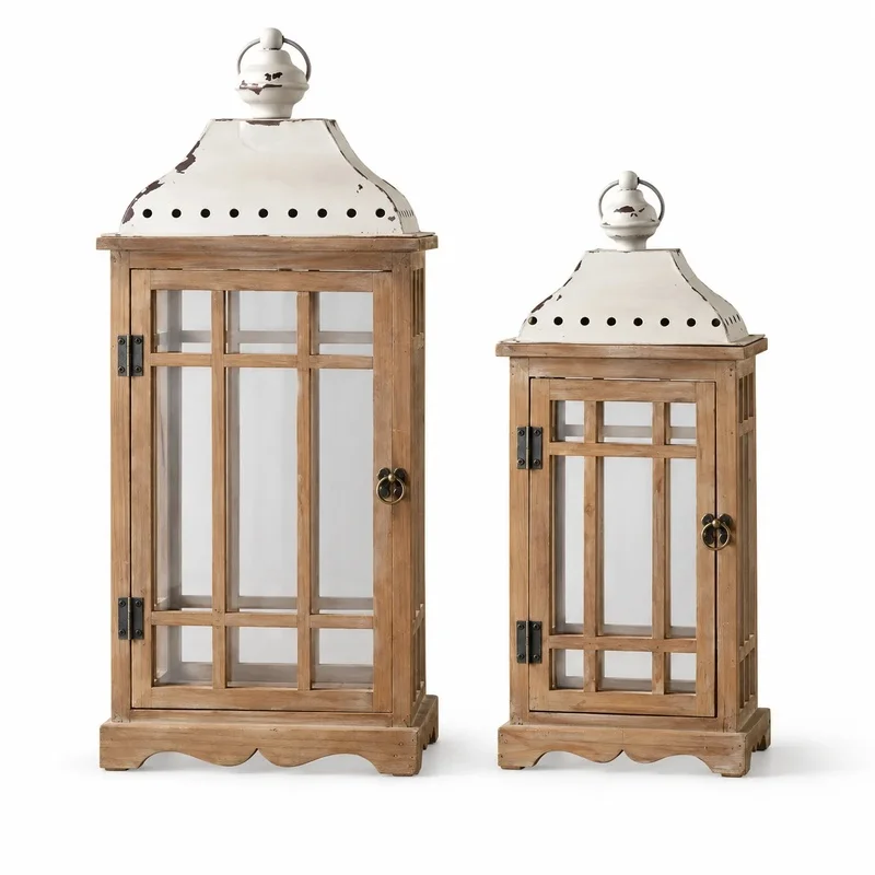 2-Piece Rustic Wooden Candle Lantern Set - Vintage Decorative Hanging Lantern with White Metal Top & Glass Panels for Indoor Out