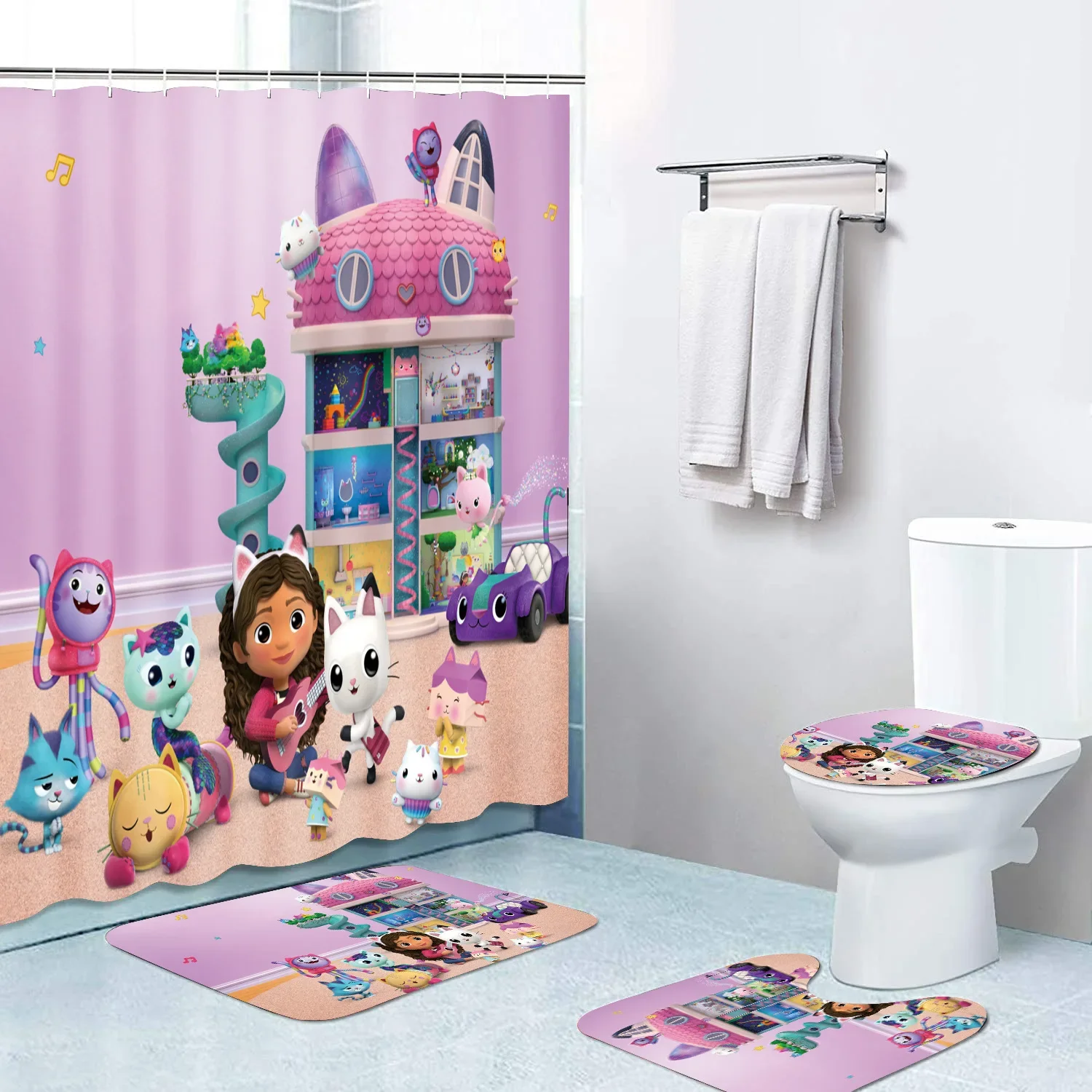 

Pink Gabbys Dollhouse Shower Curtain Cartoon Girl Decor Waterproof Polyester Bath Curtains for Bathroom Mats Rugs Home Decor