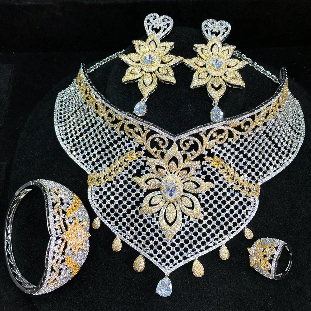 

Soramoore Nigerian Bridal Jewelry Accessories Hollow Necklace Bangle Earrings Ring Jewelry Set 4PCS Women Sister Lover Gift