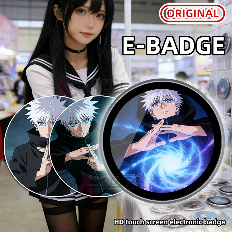 

Электронный значок-дисплей в стиле аниме с Bluetooth, умный кибер-значок с HD-сенсорным экраном 1,85 дюйма, динамический электронный значок с изображениями для фанатов и отаку