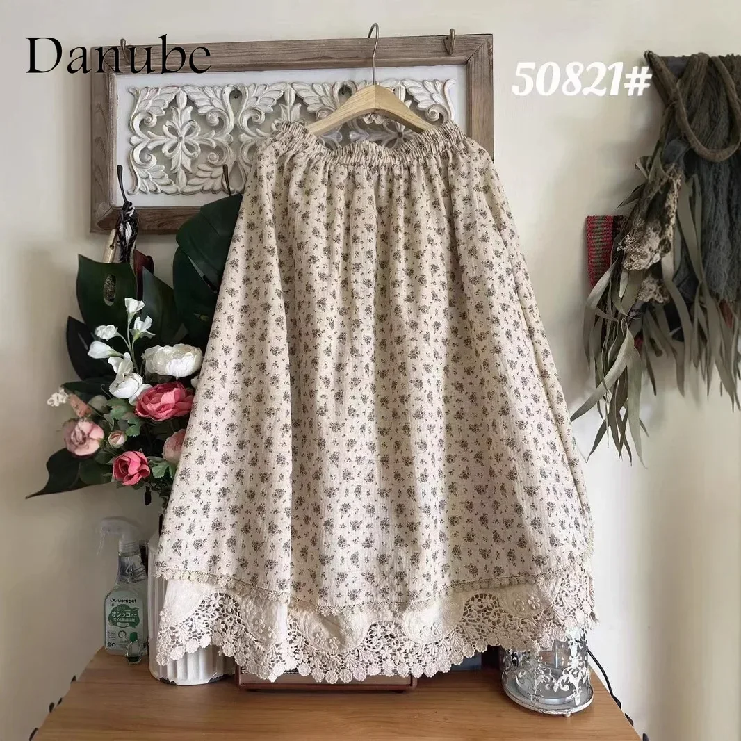 Vintage Irregularity Flower Cotton Linen Skirt Women Japanese Mori Girl Patchwork High Waist A-line Lolita Long Pleated Skirts