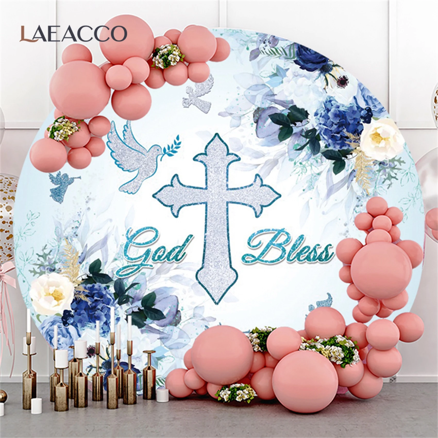 

God Bless Holy Communion Round Background Blue Flowers Pigeon Cross Baby Shower Custom Poster Photography Circle Backdrop Prop