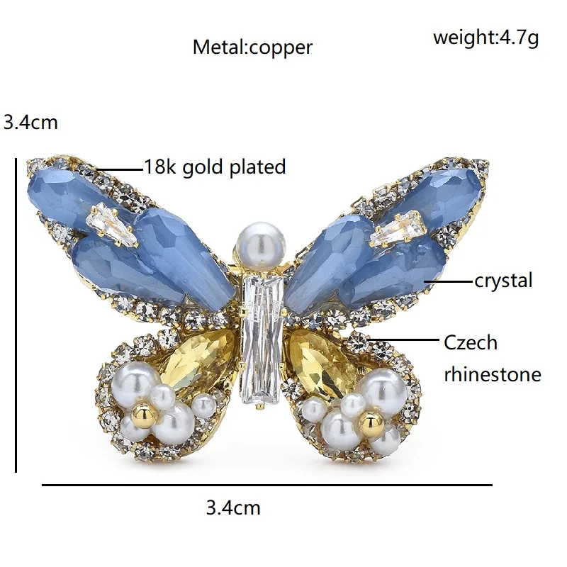 Wuli&baby Pearl 3 Colors Handmade Czech Rhinestone Butterfly Brooch Pin Quality Jewelry Accessory For Collection