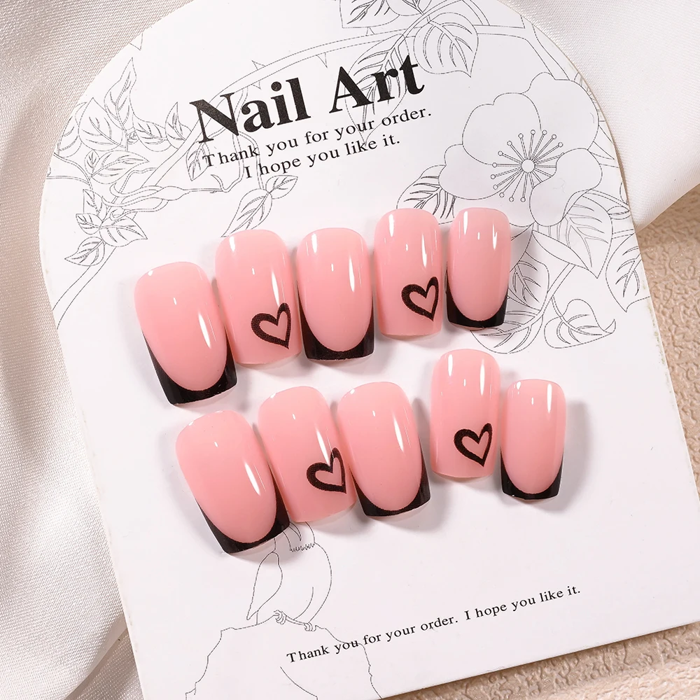 

24 шт. короткие квадратные французские накладные ногти с черным сердцем/краем, полное покрытие, накладные ногти с желейным клеем, 12 размеров, накладные ногти для кончиков пальцев