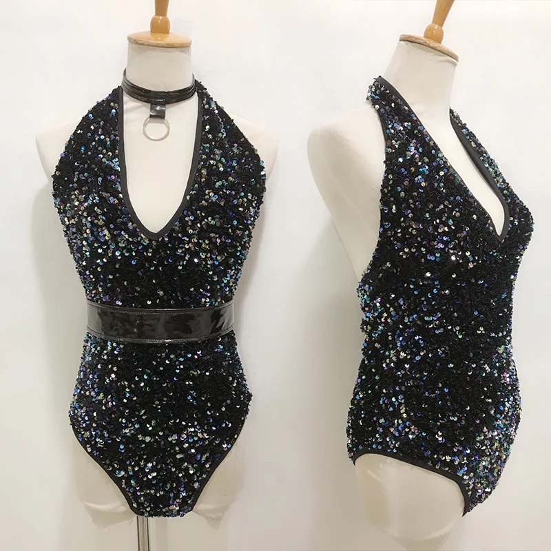 

Sexy Halter Sequins Bodysuit Pole Dance Costume Nightclub Shiny Gogo Dancer Outfit Jazz Dancewear Clubwear Rave Clothing VDB6858