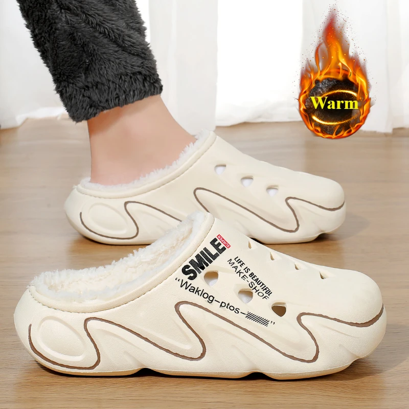 Men Shoes Winter Warm Slippers Plush Lining Indoor Cotton Slippers Couple Platform Outdoor Kitchen shoes House Waterproof Slides