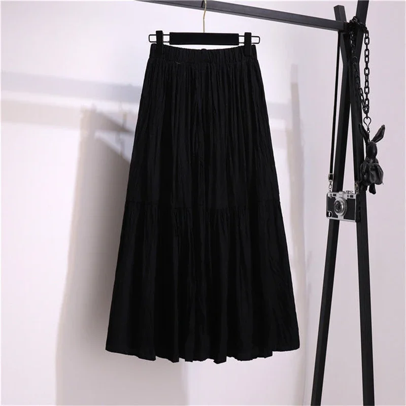 

TFETTERS Soli Summer Pleated Skirt Women Cotton 2024 High Waist Drape Stitching Mid Skirt Casual A Line