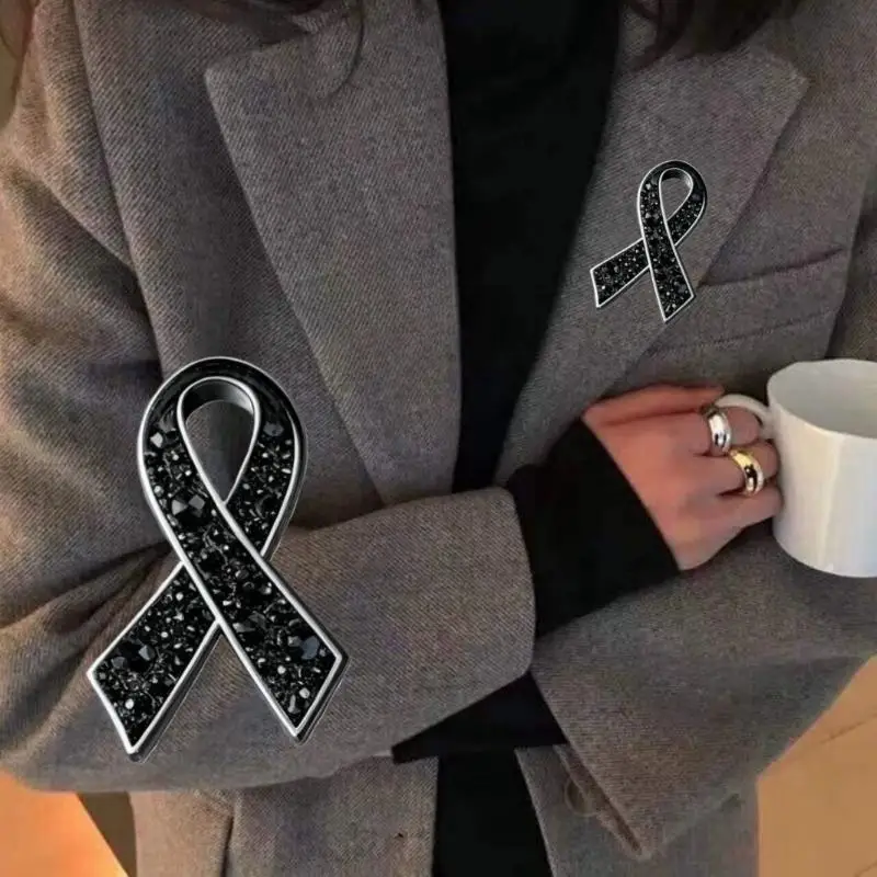 Black Rhinestones Ribbon Brooch Pin Funerals Memorial Pin Mourning Badge For Women Men Suit Shirt Scarf Jewelry Accessories