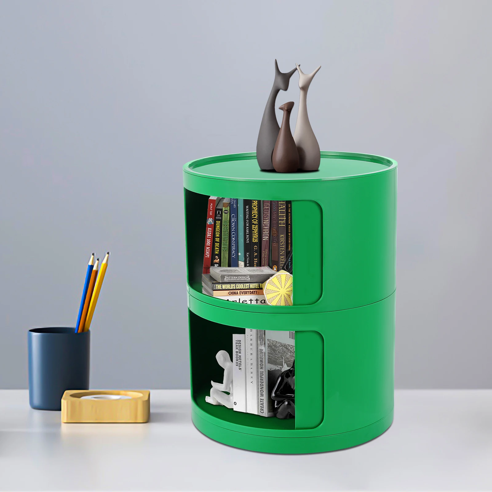 2-Tier Green Modern ABS Floor Standing Round Cabinet, Round End Table with Storage, Round Organizer