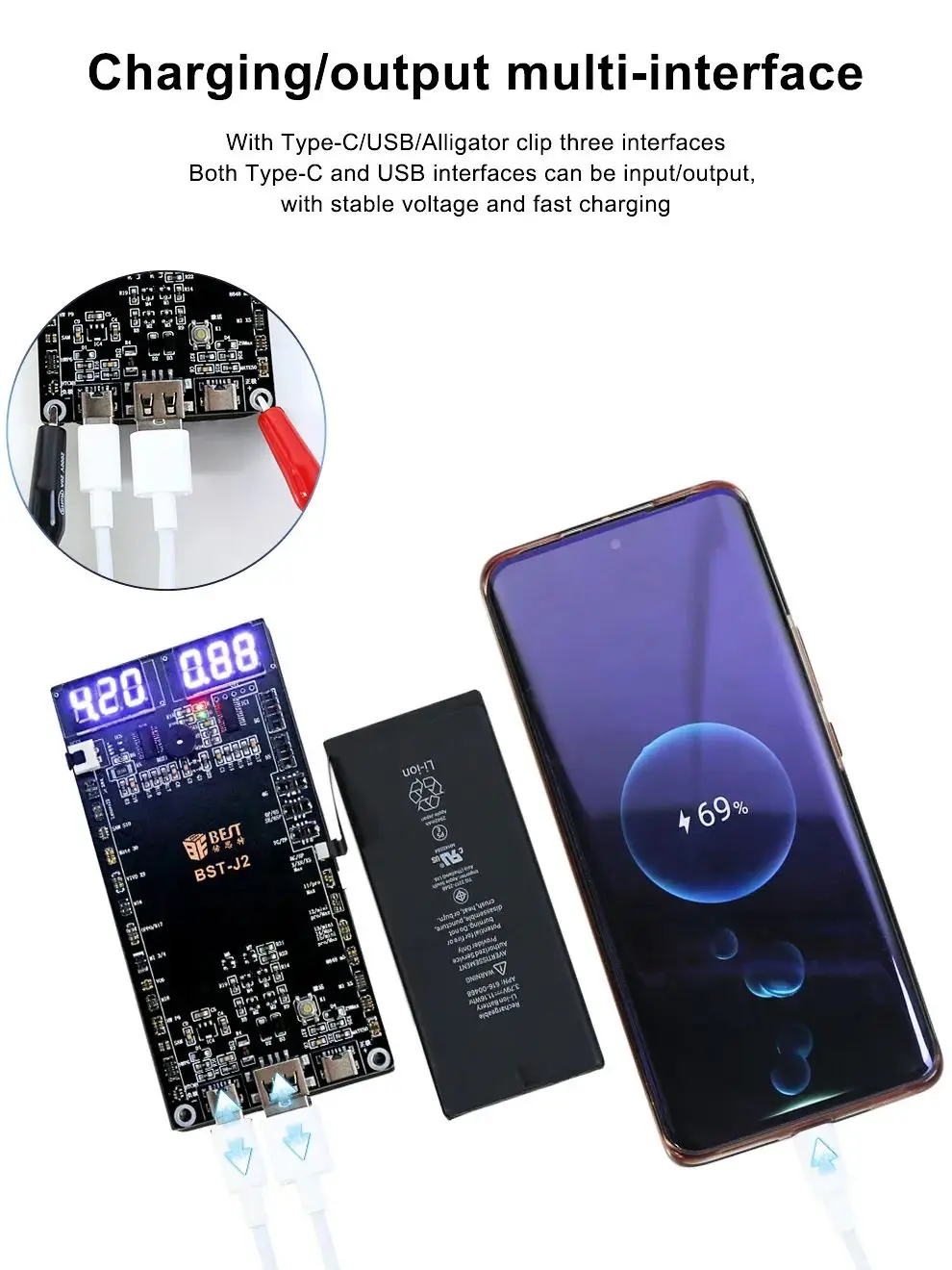 BST-J2 Smartphone Built-in Battery Activation Charging Board for iPhone 5-15 Series HUAWEI Mate50 SAMSUNG XIAOMI HTC OPPO VIVO