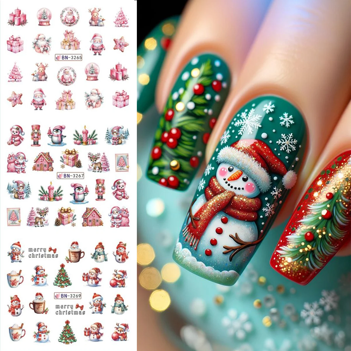12 قطعة عيد الميلاد احتفالي مسمار الفن ملصقات لطيف الكرتون ثلج سانتا كلوز الجوارب أجراس الثلج البطاريق نقل المياه المنزلق #3