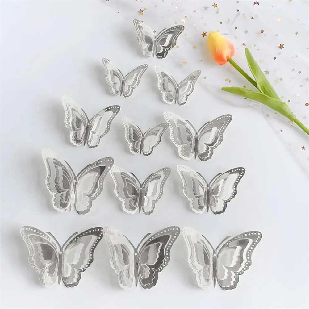 12Pcs Butterfly Wall Sticker 3D Three-Layer Hollow-out 3 Size Paper Butterflies Floor Decals Home Wedding Festival Decorations