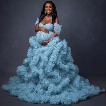 Robes de maternité bleu poussiéreux pour la photographie, robe de séance photo élégante en Tulle à volants pour femmes, robe Maxi en cœur personnalisée