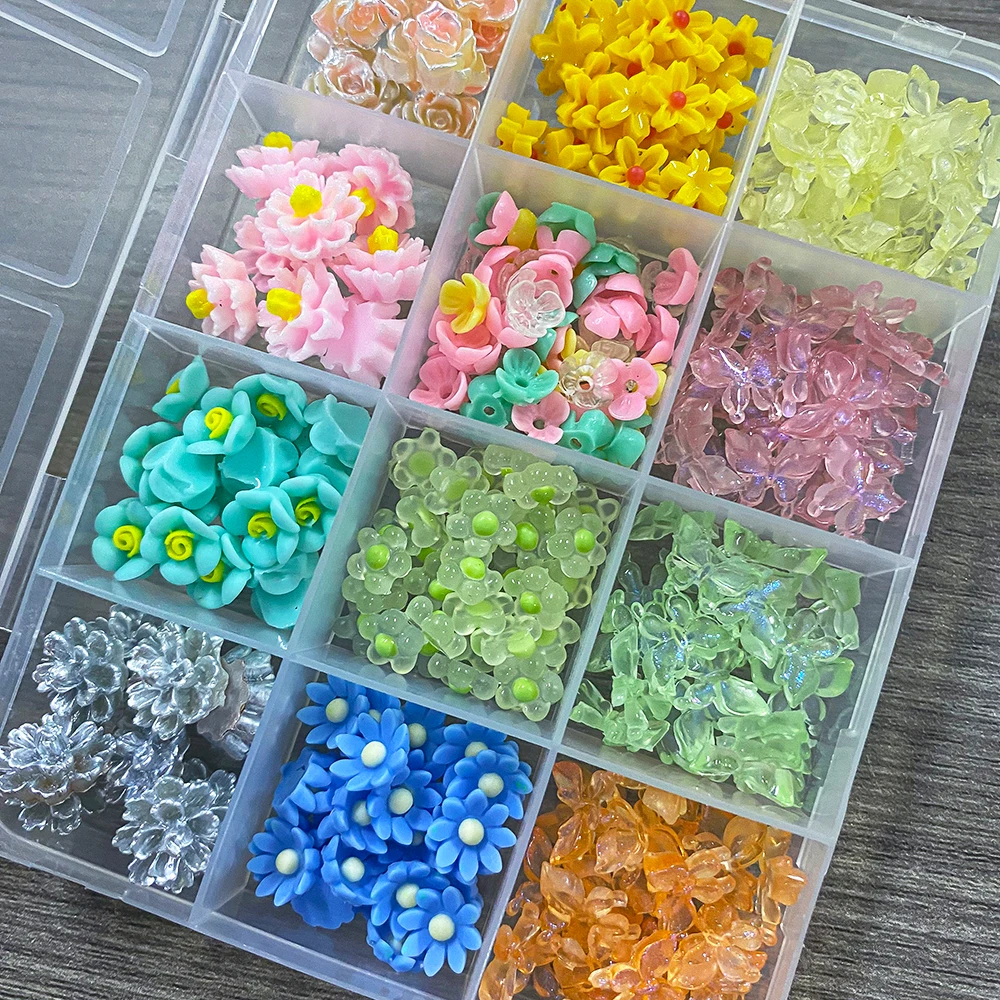 12Grids Pink Hibiscus Flowers Fine Sparkling Butterfly Nail Rhinestone 3D Resin Flower Nail Art Charms DIY Cute Manicure Supplie