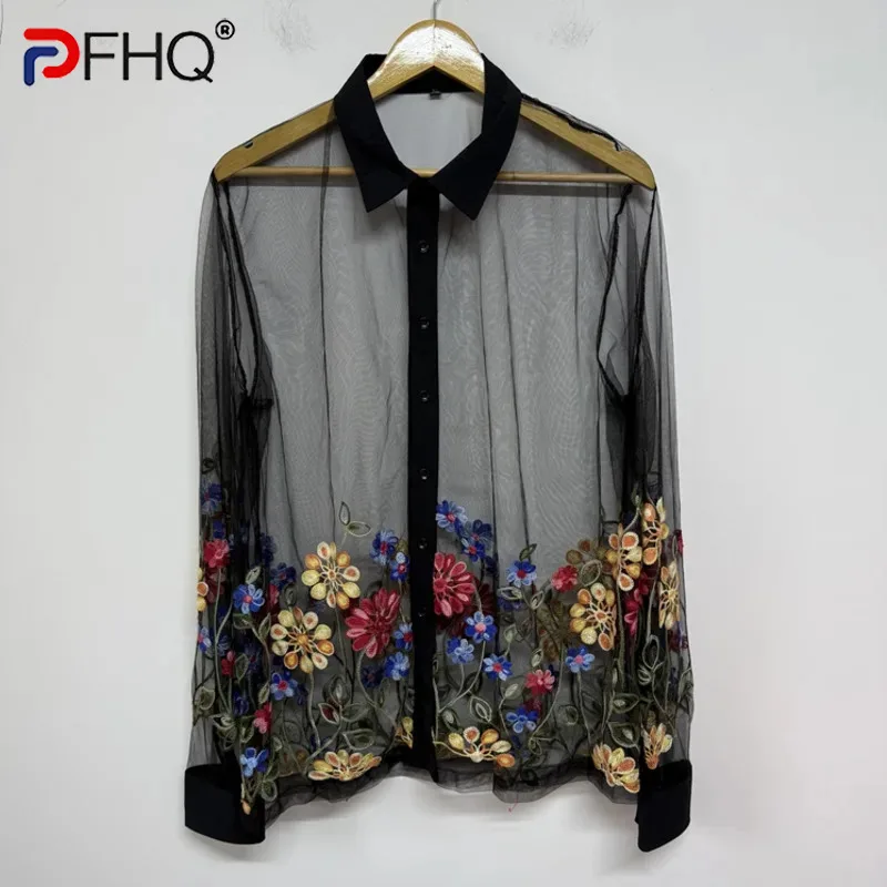 PFHQ بقماش شفاف قمصان الذكور الملونة زهرة التطريز تصميم تنوعا الطبقات شخصية طويلة الأكمام قميص رجالي المد 21E7201