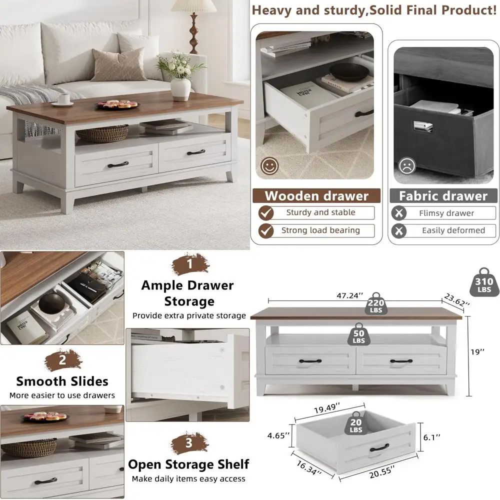 Mesa de centro rústica de granja con cajones, mesa central de 47,2 pulgadas, muebles de salón marrón blanco, estilo vintage moderno