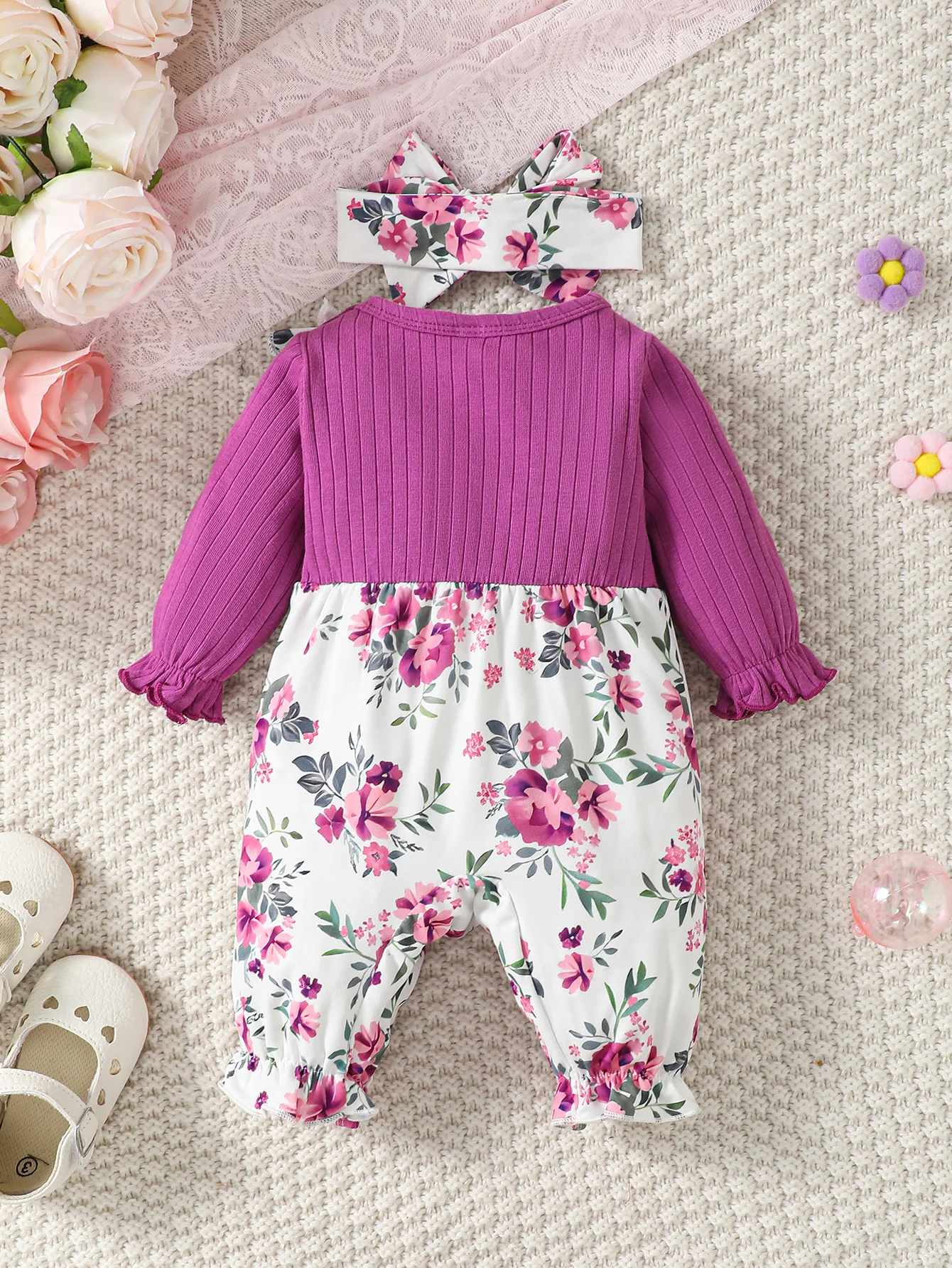 Two-piece baby girls' fly-front ruffled bow round-neck long-sleeved bodysuit + headband