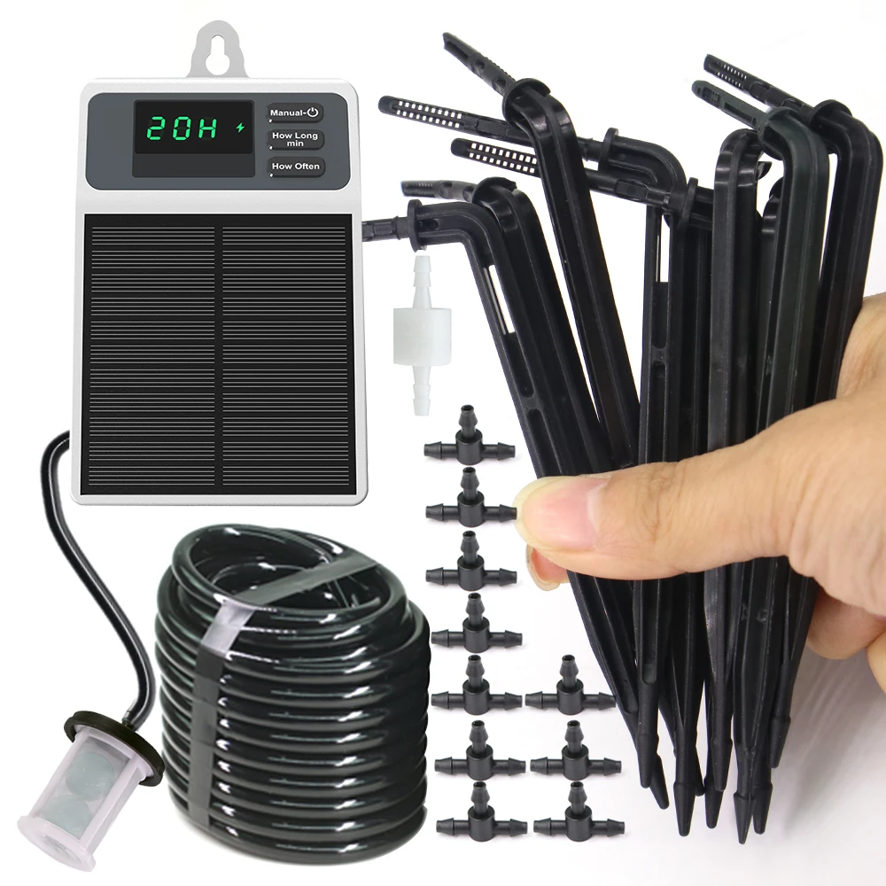Solar Automatic Drip Irrigation Kit System Smart Timer Pump with Anti-Siphoning Watering Device for Garden 10Pot Plants Drip