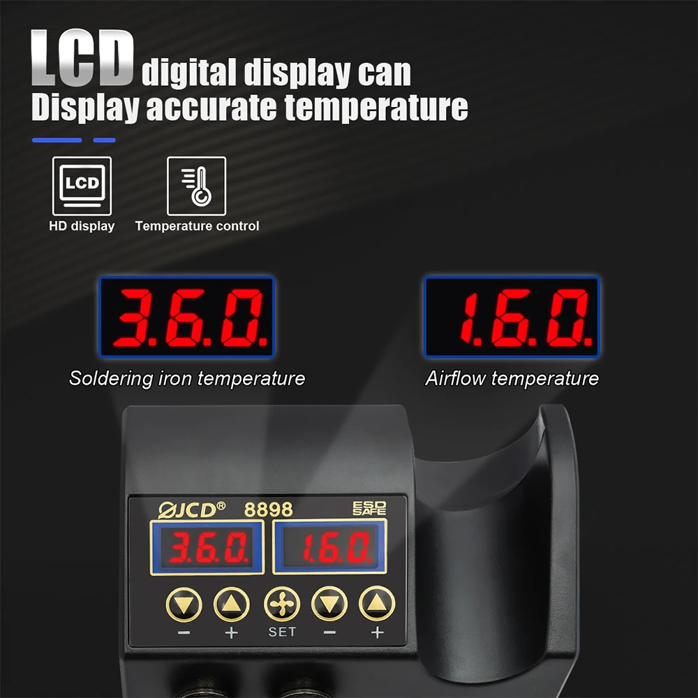 JCD 2 in 1 750W 납땜 스테이션, LCD 디지털 디스플레이 재작업 용접 스테이션, 휴대폰 BGA SMD IC 수리 납땜 도구 8898