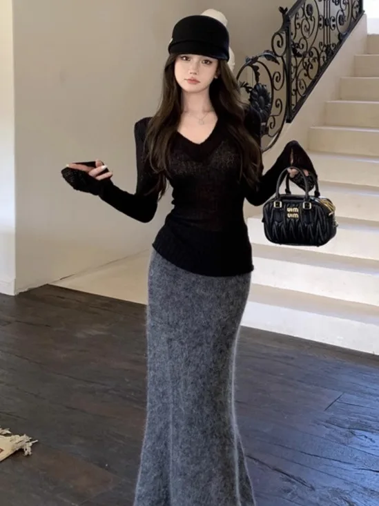 

Ele ey Slim Fit трикотажная длинная футболка све женская V-Ne Sli Base irt весна осень сексуальный эффект похудения