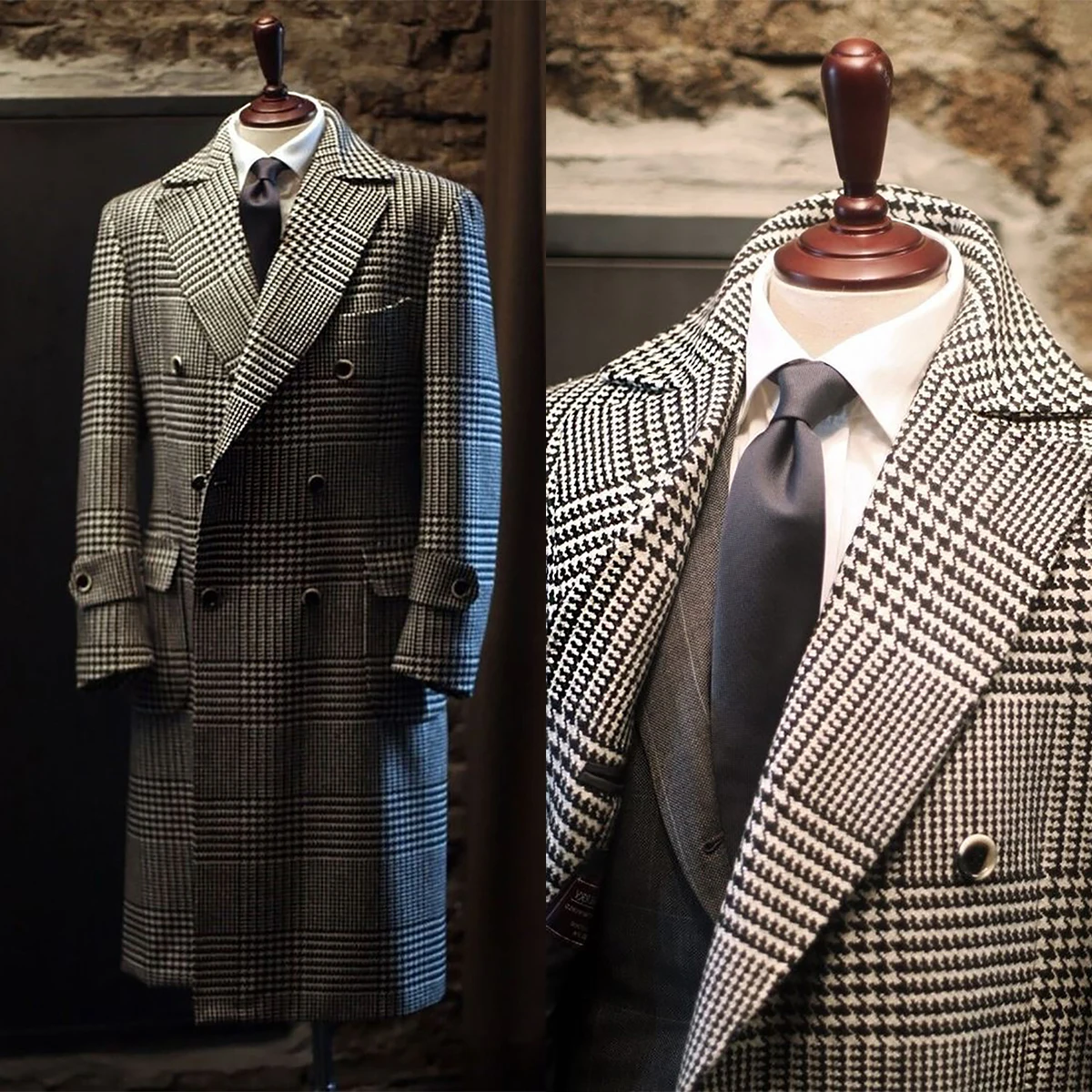 

Plaid Checked Men's Woolen Overcoat Double Breasted Customized England Peak Lapel Thick Trench Coat Plus Size Winter Warm Jacket