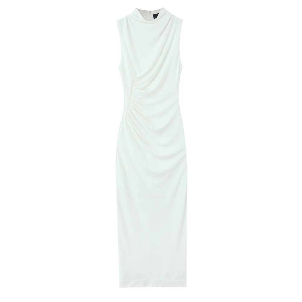 

2025 BM MD ZA Women's Sleeveless High - neck Ruched Midi Dress in White Elegant and Chic Fashion Attire