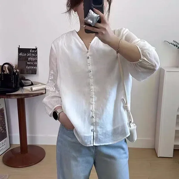 

Premium v-neck embroidered shirt 2025 new retro literary style loose and thin temperament top