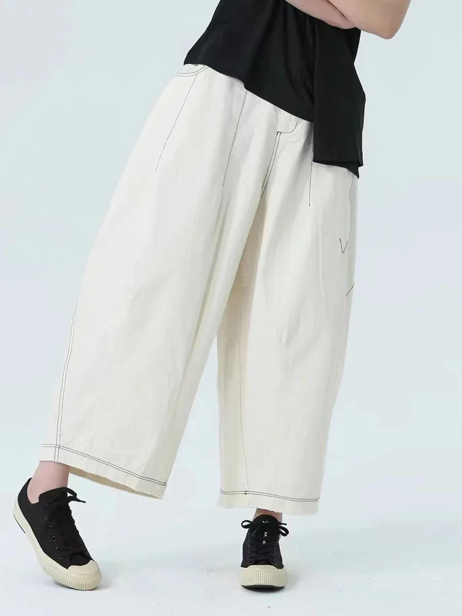 Cakucool Spring New Korean Loose Casual Art Design Pants Bright Threads Oversized White Ankle-length Wide Leg Pants