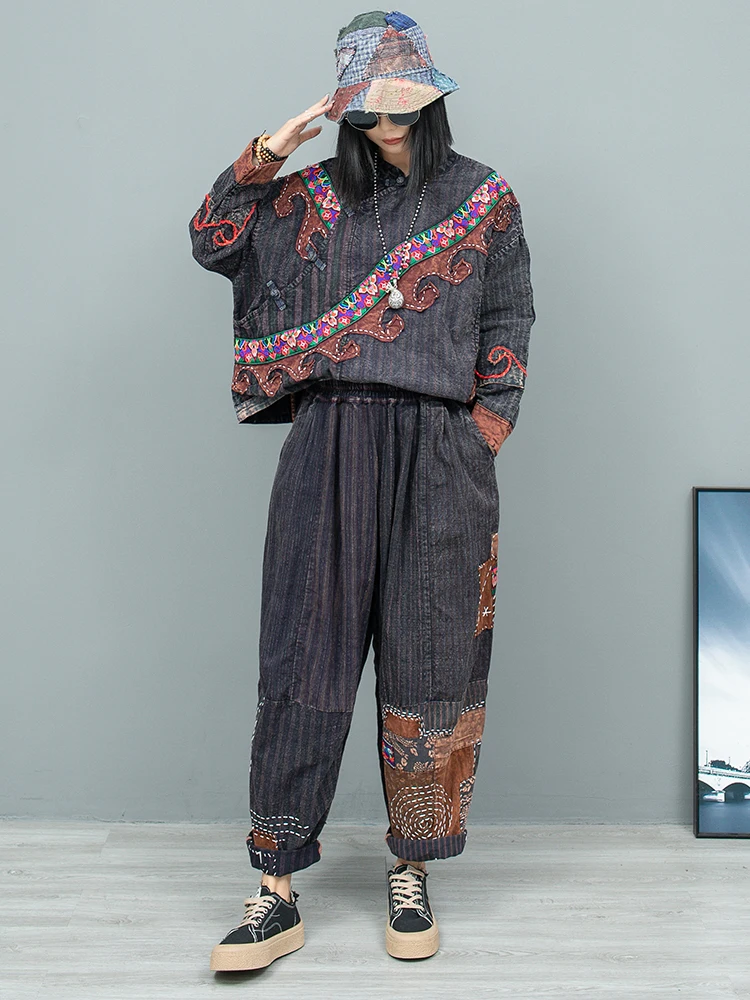 Heavy Industry Hand Embroidered Outfit Diagonal Buckle Long Sleeved Top + Harem Pants Two-piece Set Women 2024 Autumn LX2193