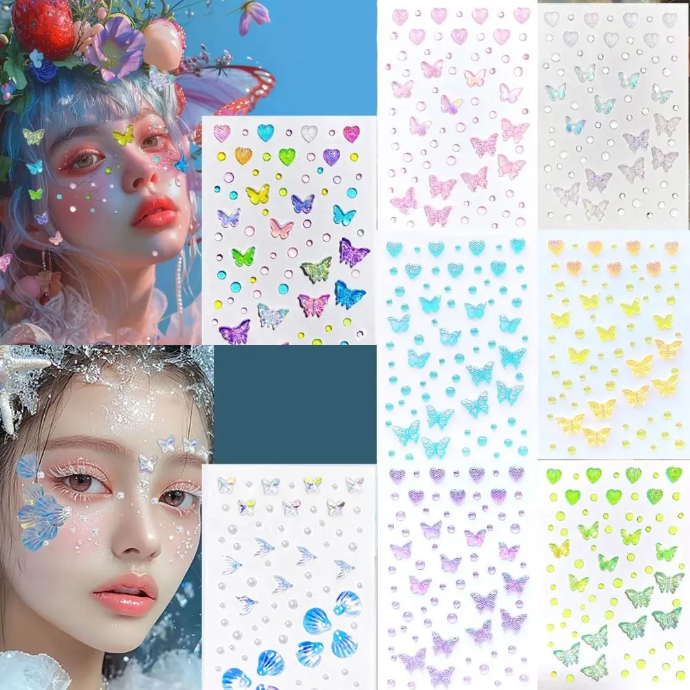 2pcs Diamond Face Sticker Stick on Self Adhesive Hair Crystal Sticks Women Eyes Face Body Shell Butterfly Brow Makeup Sticker