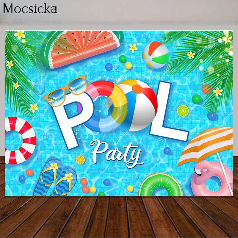 Mocsicka Summer Blue Pool Party Backdrop for Children Birthday Decoration Photography Background Watermelon Lemon Photo Props