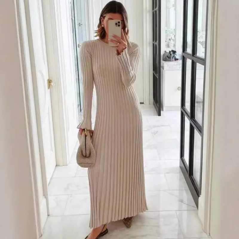 Women's Dress Knitted Ribbed Long Skirt Autumn Inter Solid Color Casual Elegant Long Sleeve Round Neck Pencil Skirt Party Street