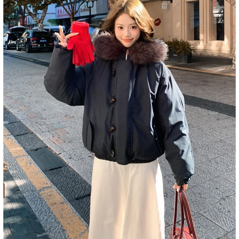 Women Vintage Khaki Dark Brown Faux Fur Hood Cotton Coat Women Oversized Toggle Zip Dual Front Warm Short Winter Padded Jacket