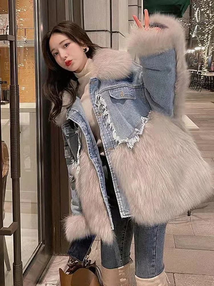 Women Winter Denim Jacket Oversize Large Patchwork Faux Fur Coat Leather & Skin Women\'s Fur Coat Thick Warm Bomber Jean Coat