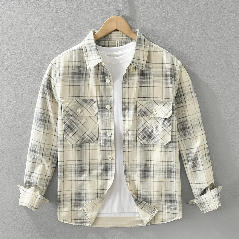Japanese Style Plaid Shirts Men Daily Casual Shirts Lapel Double Pockets Tops 100%Cotton Long Sleeve Shirts Male Comfort Clothes
