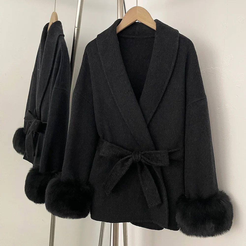 Wool Jacket Fake Fox Fur Wool Coat Fashion Women Faux Fur Coat Overcoat Patchwork Faux Fur Women Woolen Coat Autumn Spring