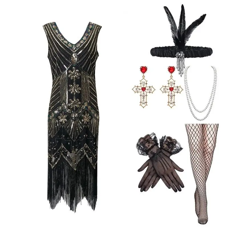 

920s eat Gatsby Evening Dr Tassel Large Size V-ne Dr Set Banquet Gown Ele Retro Sle Women's Costume