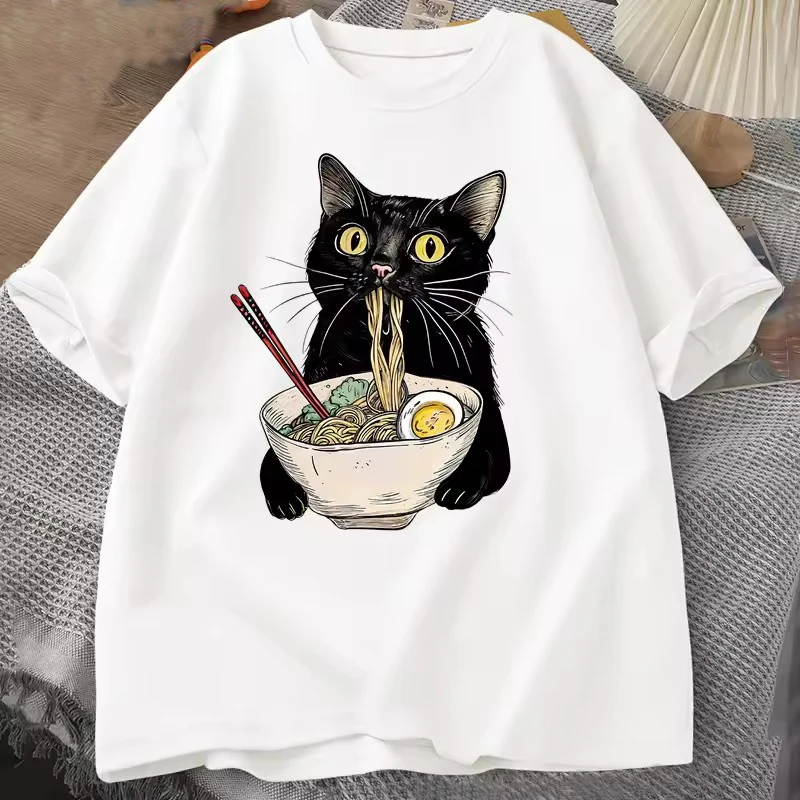 Retro Baumwoll-Nudel-Ramen-Katzen-T-Shirt, Foodie-Liebhaber-T-Shirts, Schwarze Katzen-T-Shirts, Lässiges Kurzarm-T-Shirt für Männer und Frauen – Detail 2