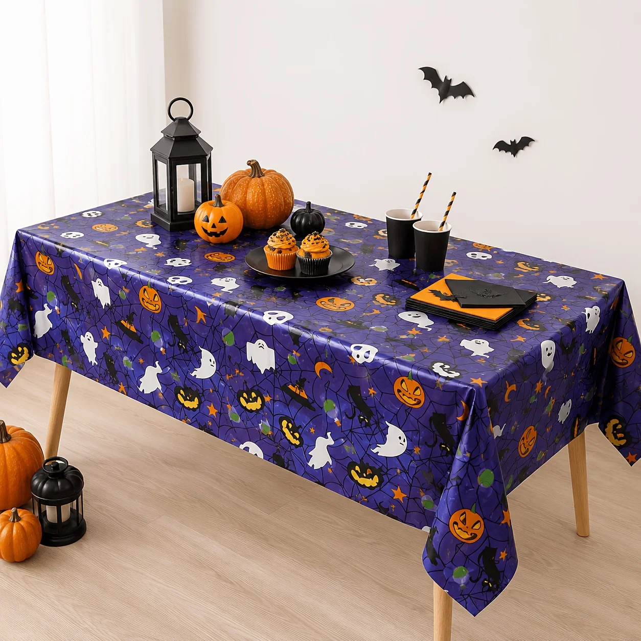 Halloween Disposable Plastic Tablecloth, Purple Pumpkin Ghost Bat Spider Web Pattern Rectangular Tablecloth, Suitable for Hallow